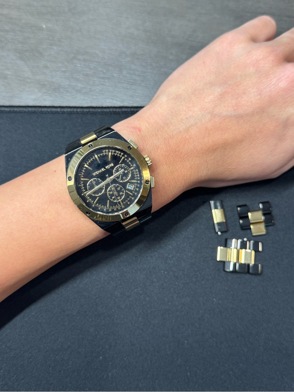 Michael Kors Women’s Two-Tone Black and Gold Chronograph Watch Bracelet
